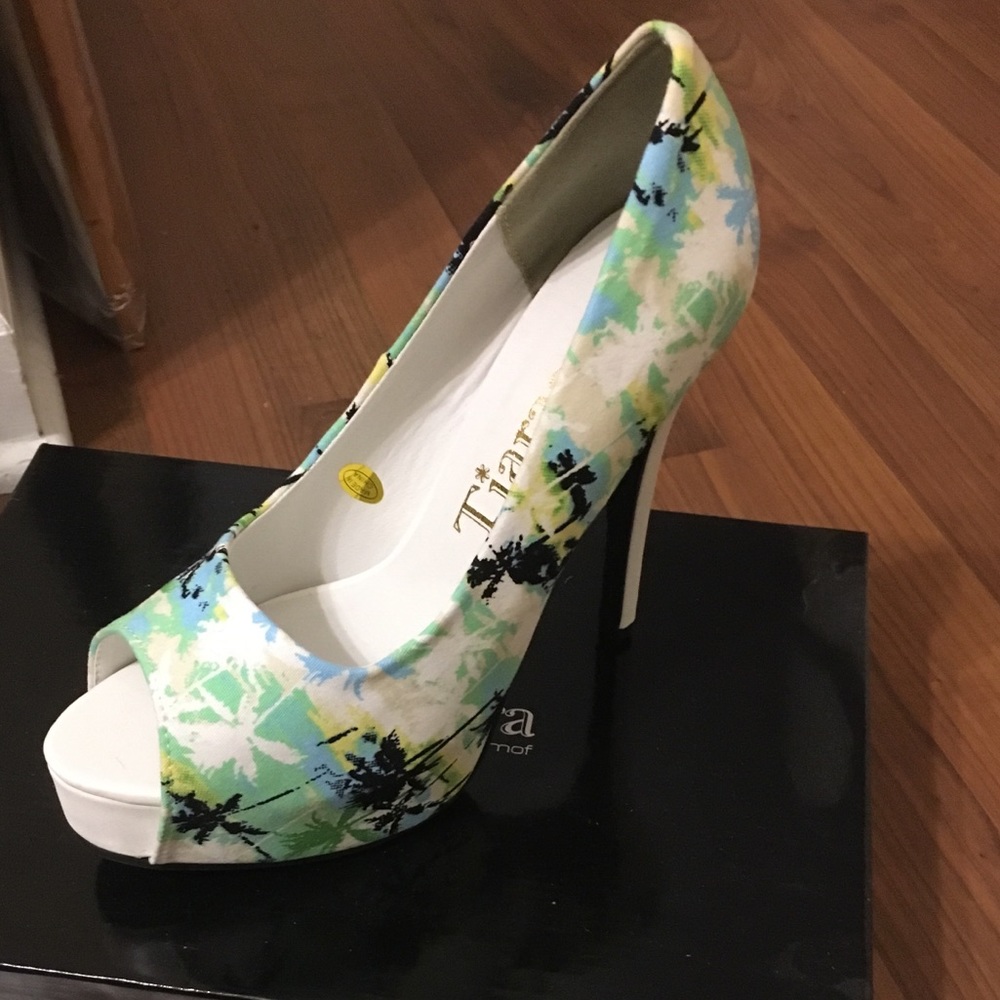 Multi color tropical peep toe heels